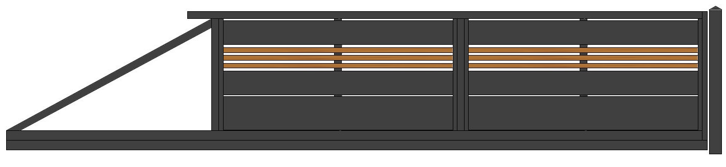 ZAUNPLUS PREMIUM Zaunsystem Travertin MX 200 P-25 Holzoptik Holzdekor Holzdesign Holzfüllung Holz Kiefer Einfahrtstor Schiebetor freitragend elektrisch Einfahrtstor m. A. Abmessung 115x400 links